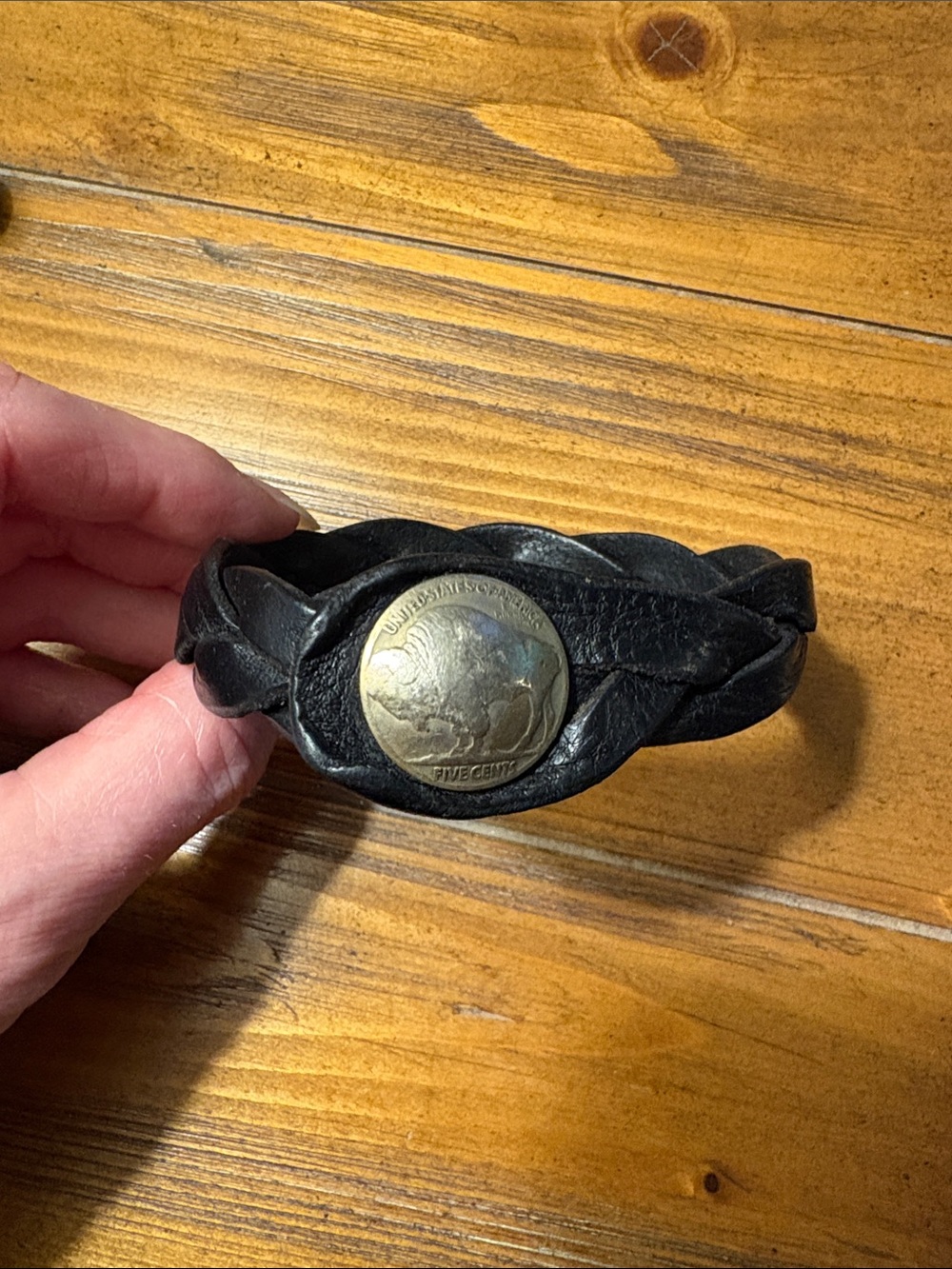 Braided Black Leather Bracelet with Buffalo Nickel Accent